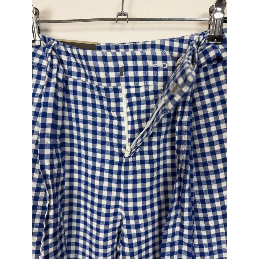 Banana Republic Women Cotton Linen Pants 0 Blue Gingham Tie Waist Tapered Leg